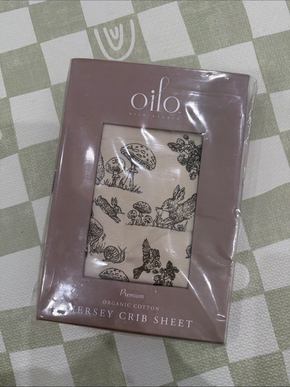 Oilo Studio Jersey Crib Sheet - Mauve Packaging with Cream/Natural Print